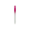 A crystal glass nail file featuring a gradient design from pink to white, with a pointed end and a smooth surface.