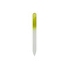A green and clear crystal glass nail file with a smooth surface and pointed tip, featuring a branding logo.