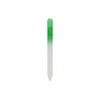 A green and white crystal glass nail file with a pointed tip, featuring a gradient design. It has a logo on the handle.