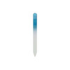 A crystal glass nail file with a blue gradient handle and a transparent filing surface.