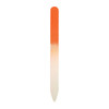 A gradient glass nail file featuring a smooth transition from orange to white. It has a sleek design and a pointed tip.