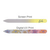 A gradient glass nail file featuring a yellow to pink gradient, adorned with a floral design on one side and a logo.