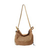 A convertible lightweight backpack duffel bag in a brown checkered pattern with a single adjustable strap.