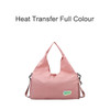 A pink duffle bag featuring a strap and a logo, designed with a sleek, modern look.