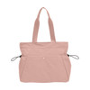 A lightweight tote bag in soft pink, featuring yoga mat straps and two side pockets, with a branding logo.
