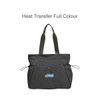 A grey tote bag with green straps, featuring a logo, side pockets, and yoga mat straps.