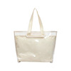 A tote bag with a detachable clear PVC cover, featuring cream handles and a beige interior.