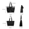 A black tote bag with detachable PVC cover, featuring black straps and varying dimensions displayed alongside.