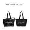 A promotional tote bag in black alongside a transparent tote with a detachable PVC cover, both featuring a logo.