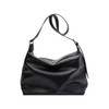 A black polyurethane tote bag with a soft, slouchy design and an adjustable shoulder strap.
