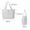 A lightweight white tennis tote bag with adjustable straps, featuring multiple compartments and a logo. Dimensions included.