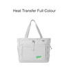 A lightweight tote bag in grey with a front pocket and a logo, featuring sturdy handles and adjustable side straps.