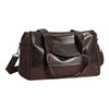A brown duffle bag with handles and a shoulder strap, featuring a logo and a sleek design.