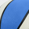 A mini basketball featuring blue and white textured panels with black accents and a logo.