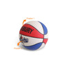A mini promotional basketball featuring red, white, and blue panels, with a logo and textured surface.