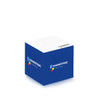 A blue cube with a textured surface featuring a logo and colourful block elements on the top.