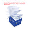 A cube-shaped pad of white sticky notes with a blue base, featuring a logo on the sides.