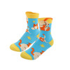 Bright blue crew socks featuring playful ear-shaped cat patterns, with yellow trim and heel accents.