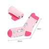 A pair of pink crew socks featuring playful dog designs, rolled up with a logo visible.