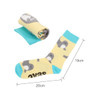 Custom pattern woven socks in yellow with grey and blue accents, featuring a playful design of small animals.