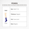 A pair of purple crew socks, designed with a custom pattern, presented with product details and a logo.