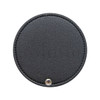 A round black makeup mirror with a stitched edge and a metal snap closure. It features a logo on the surface.