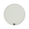 A round white makeup mirror with a textured surface and a small silver button detail. It has a subtle stitching around the edge.