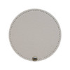 A round makeup mirror in a soft beige colour, featuring a textured finish and a metal clasp at the bottom.