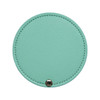 A round makeup mirror in mint green with a textured surface and a silver snap button.