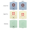A square folding pocket mirror available in light blue, cream, and mint green, featuring various printed designs and a logo.