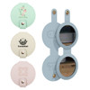 A round folding pocket mirror in pastel colours, featuring a logo on one side and mirrors on both sides.