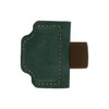 A green magnetic bookmark with a brown pen clip features contrasting stitching and a textured surface.