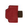 A magnetic bookmark in red suede with a brown pen clip attached, featuring stitched detailing and a logo.
