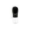 A drink bottle with a black top and clear base, featuring a strap and a button. It includes a logo on the design.