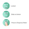 A drink bottle designed for pets in teal, featuring a lock mechanism and a button to dispense water.