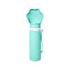 A drink bottle in teal with a collapsible bowl-shaped lid and a strap for easy carrying. It features a logo.
