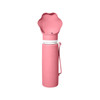 A drink bottle in pink with a collapsible flower-shaped bowl at the top and a white grip band. It features a logo.