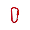 A red D-shaped camping carabiner with a locking mechanism, featuring a small logo on the side.