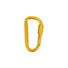 A yellow D-shaped camping carabiner with a locking mechanism, featuring a smooth finish and a small logo.