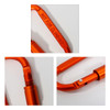 An orange D-shaped camping carabiner with a textured surface and a small pin for secure closure. It has a logo.