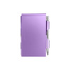 A purple aluminium pocket notebook featuring a silver pen attached to the side. It has a sleek, metallic finish.