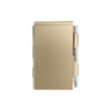 A gold aluminium pocket notebook with a silver pen attached. It features a sleek, minimalist design.