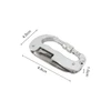A multifunctional silver carabiner with a screw lock, measuring 8.8 cm by 4.8 cm by 1.6 cm.