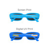 Vintage rectangle sunglasses with blue frames, featuring different printed designs on the sides.