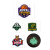 A collection of stickers featuring sports team logos in various colours, including a basketball, soccer, and rugby themes.