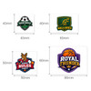 A set of four logos featuring green, gold, and purple designs, each with different sports themes and a brand logo included.