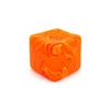 A colourful, swirled orange cube with vibrant yellow accents, featuring a smooth, squishy texture and a logo.
