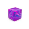 A vibrant, marbled cube featuring swirls of pink and blue. The product has a sleek, glossy finish and a logo.