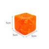 A colourful orange cube measuring 5cm on each side, with a marbled pattern. It has a smooth, squishy texture.