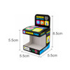 A squishy stress relief cube in vibrant colours, displayed in a clear box, with dimensions indicated in cm.